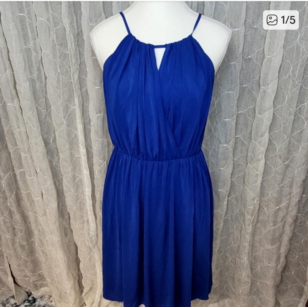 J. Crew Royal Blue Silk Staps Faux Wrap Fit & Flare Skater Cocktail Mini Dress 8